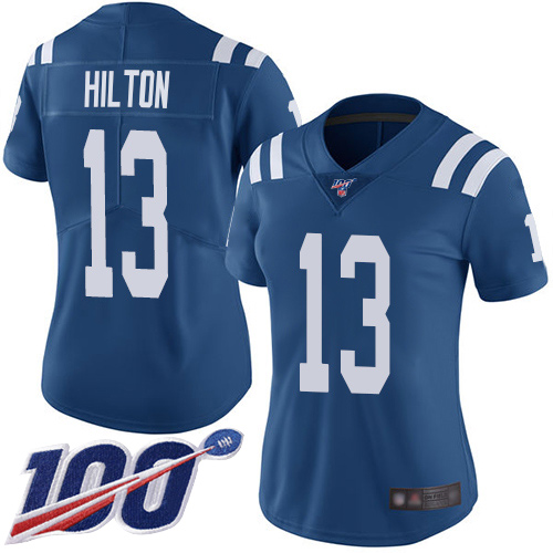 Colts #13 T.Y. Hilton Royal Blue Team Color Women's Stitched Football 100th Season Vapor Limited Jersey - Click Image to Close