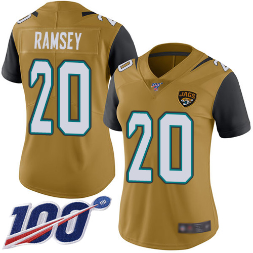 Jaguars #20 Jalen Ramsey Gold Women's Stitched Football Limited Rush 100th Season Jersey