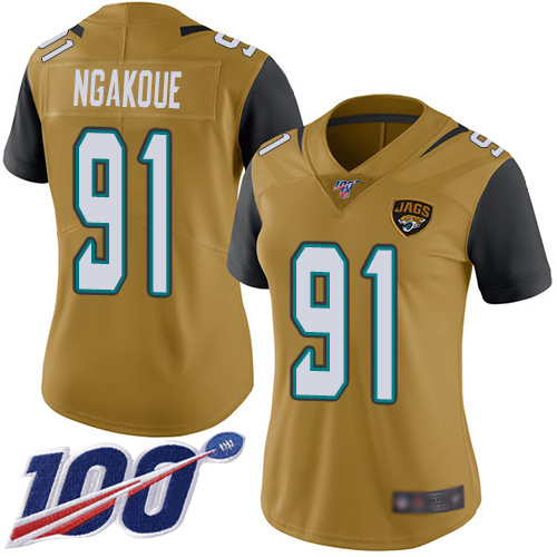 Jaguars #91 Yannick Ngakoue Gold Women's Stitched Football Limited Rush 100th Season Jersey - Click Image to Close