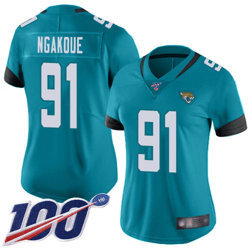 Jaguars #91 Yannick Ngakoue Teal Green Alternate Women's Stitched Football 100th Season Vapor Limited Jersey - Click Image to Close