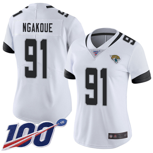 Jaguars #91 Yannick Ngakoue White Women's Stitched Football 100th Season Vapor Limited Jersey - Click Image to Close