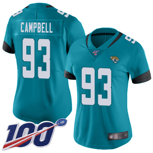 Jaguars #93 Calais Campbell Teal Green Alternate Women's Stitched Football 100th Season Vapor Limited Jersey