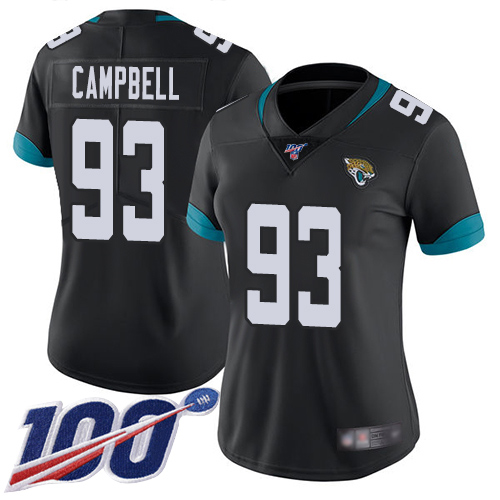 Jaguars #93 Calais Campbell Black Team Color Women's Stitched Football 100th Season Vapor Limited Jersey