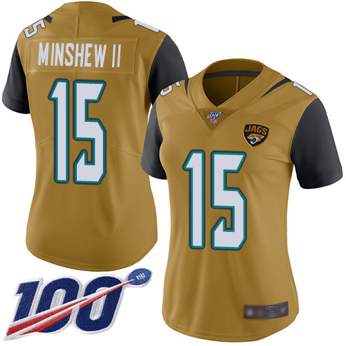 Jaguars #15 Gardner Minshew II Gold Women's Stitched Football Limited Rush 100th Season Jersey