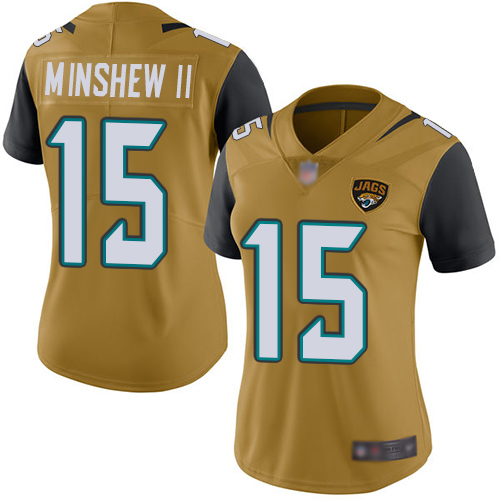 Jaguars #15 Gardner Minshew II Gold Women's Stitched Football Limited Rush Jersey