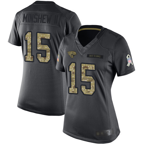 Jaguars #15 Gardner Minshew II Black Women's Stitched Football Limited 2016 Salute to Service Jersey