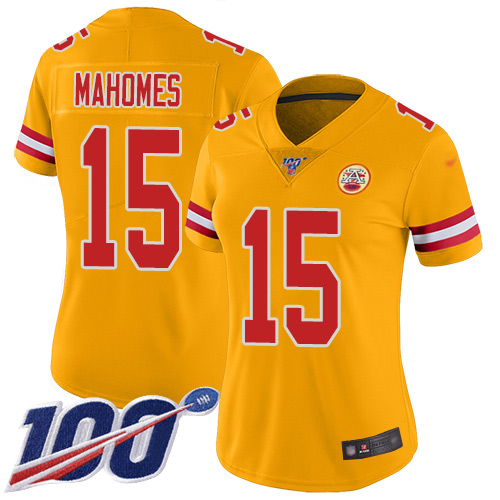 Chiefs #15 Patrick Mahomes Gold Women's Stitched Football Limited Inverted Legend 100th Season Jersey - Click Image to Close