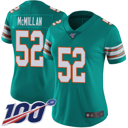 Dolphins #52 Raekwon McMillan Aqua Green Alternate Women's Stitched Football 100th Season Vapor Limited Jersey