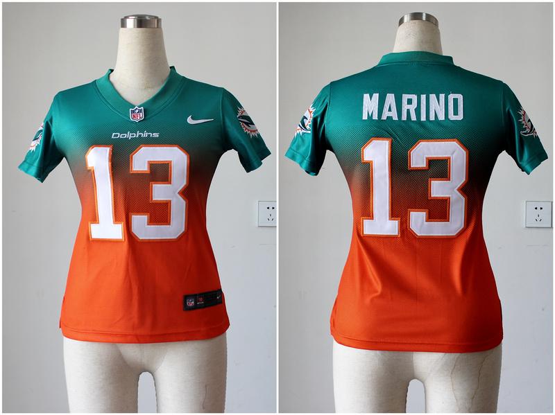 Nike Dolphins #13 Dan Marino Aqua Green/Orange Women's Stitched NFL Elite Fadeaway Fashion Jersey