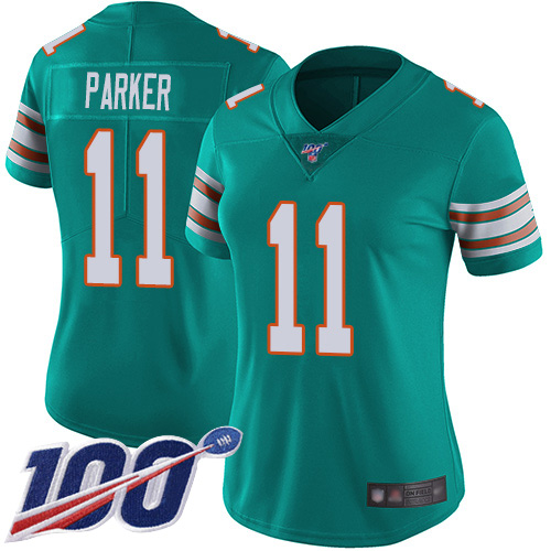 Dolphins #11 DeVante Parker Aqua Green Alternate Women's Stitched Football 100th Season Vapor Limited Jersey