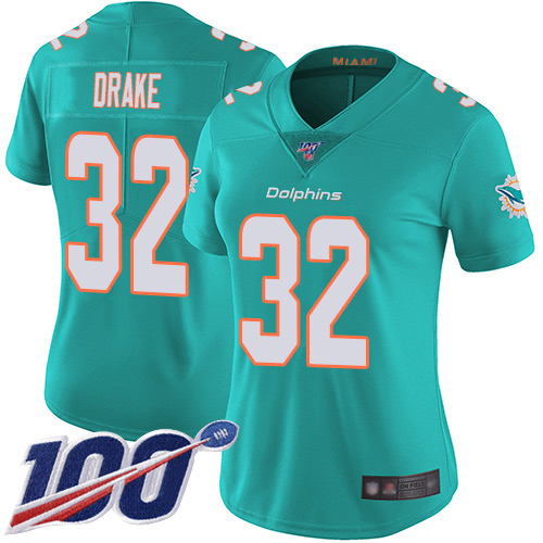 Dolphins #32 Kenyan Drake Aqua Green Team Color Women's Stitched Football 100th Season Vapor Limited Jersey