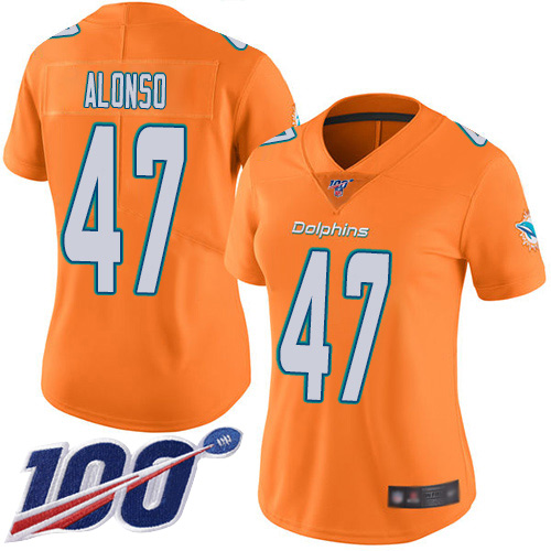 Dolphins #47 Kiko Alonso Orange Women's Stitched Football Limited Rush 100th Season Jersey - Click Image to Close