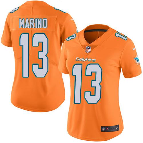 Nike Dolphins #13 Dan Marino Orange Women's Stitched NFL Limited Rush Jersey - Click Image to Close