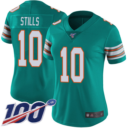 Dolphins #10 Kenny Stills Aqua Green Alternate Women's Stitched Football 100th Season Vapor Limited Jersey