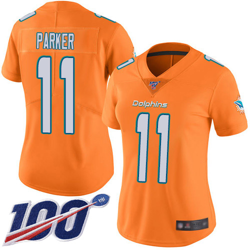 Dolphins #11 DeVante Parker Orange Women's Stitched Football Limited Rush 100th Season Jersey