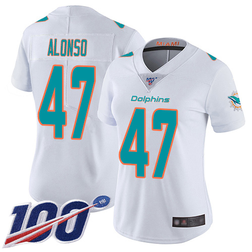 Dolphins #47 Kiko Alonso White Women's Stitched Football 100th Season Vapor Limited Jersey - Click Image to Close