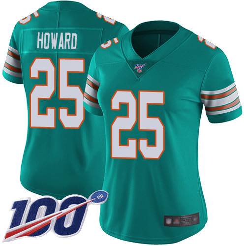 Dolphins #25 Xavien Howard Aqua Green Alternate Women's Stitched Football 100th Season Vapor Limited Jersey