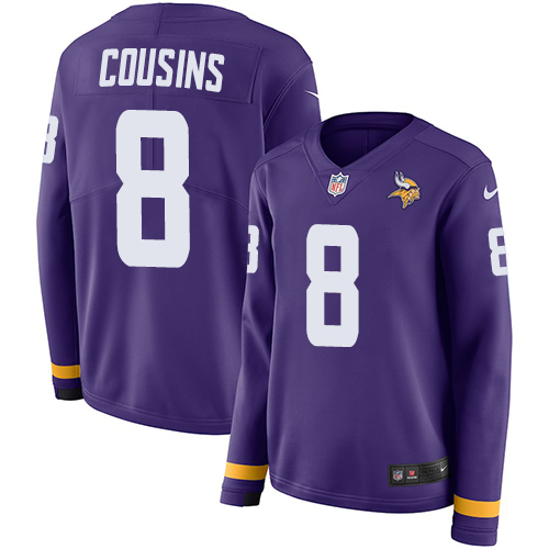 Nike Vikings #8 Kirk Cousins Purple Team Color Women's Stitched NFL Limited Therma Long Sleeve Jersey - Click Image to Close