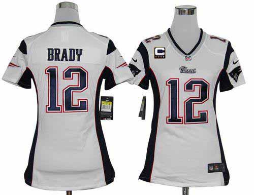 Nike Patriots #12 Tom Brady White With C Patch Women's Stitched NFL Elite Jersey - Click Image to Close