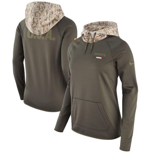 Women's New England Patriots Nike Olive Salute to Service Performance Pullover Hoodie - Click Image to Close