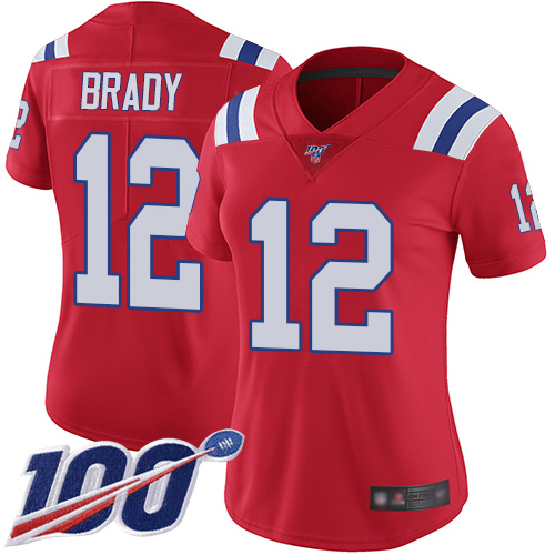 Patriots #12 Tom Brady Red Alternate Women's Stitched Football 100th Season Vapor Limited Jersey - Click Image to Close