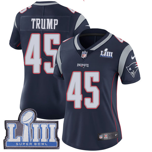 Nike Patriots #45 Donald Trump Navy Blue Team Color Super Bowl LIII Bound Women's Stitched NFL Vapor Untouchable Limited Jersey - Click Image to Close