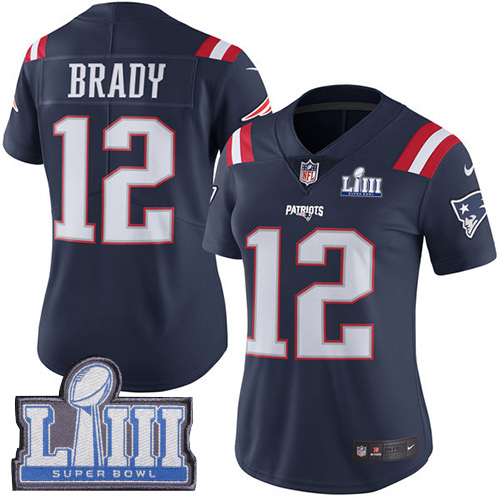 Nike Patriots #12 Tom Brady Navy Blue Super Bowl LIII Bound Women's Stitched NFL Limited Rush Jersey - Click Image to Close