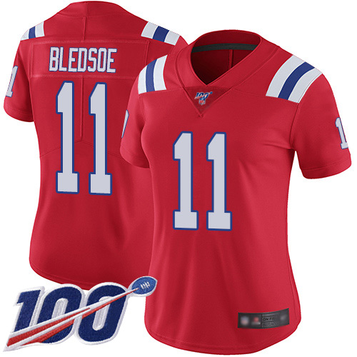 Patriots #11 Drew Bledsoe Red Alternate Women's Stitched Football 100th Season Vapor Limited Jersey - Click Image to Close