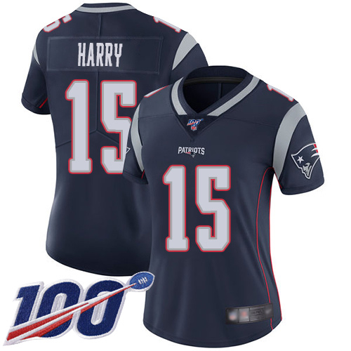 Patriots #15 N'Keal Harry Navy Blue Team Color Women's Stitched Football 100th Season Vapor Limited Jersey - Click Image to Close