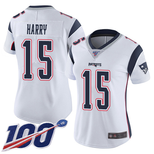 Patriots #15 N'Keal Harry White Women's Stitched Football 100th Season Vapor Limited Jersey - Click Image to Close