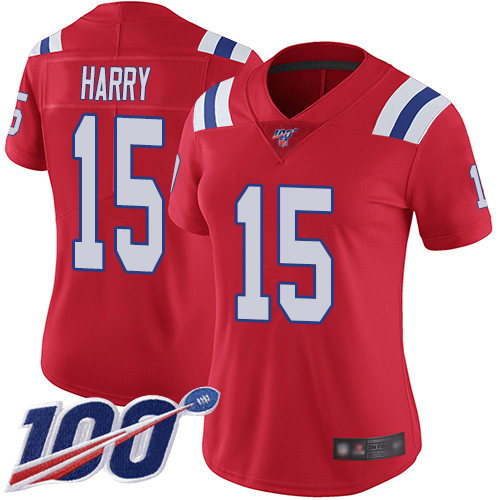 Patriots #15 N'Keal Harry Red Alternate Women's Stitched Football 100th Season Vapor Limited Jersey - Click Image to Close