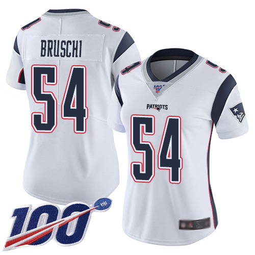 Patriots #54 Tedy Bruschi White Women's Stitched Football 100th Season Vapor Limited Jersey