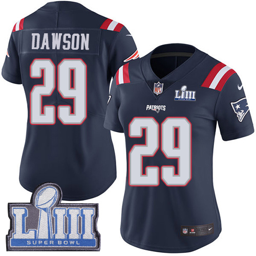 Nike Patriots #29 Duke Dawson Navy Blue Super Bowl LIII Bound Women's Stitched NFL Limited Rush Jersey - Click Image to Close