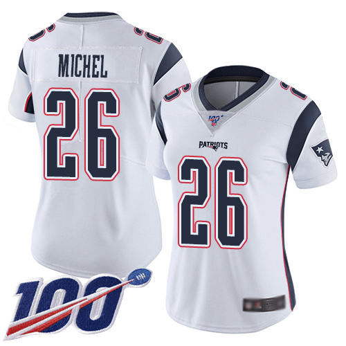 Patriots #26 Sony Michel White Women's Stitched Football 100th Season Vapor Limited Jersey - Click Image to Close