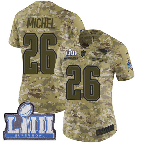 Nike Patriots #26 Sony Michel Camo Super Bowl LIII Bound Women's Stitched NFL Limited 2018 Salute to Service Jersey