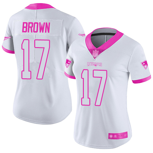 Patriots #17 Antonio Brown White/Pink Women's Stitched Football Limited Rush Fashion Jersey