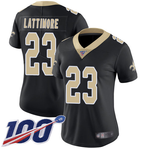 Saints #23 Marshon Lattimore Black Team Color Women's Stitched Football 100th Season Vapor Limited Jersey