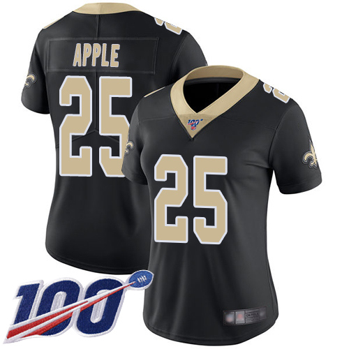 Saints #25 Eli Apple Black Team Color Women's Stitched Football 100th Season Vapor Limited Jersey