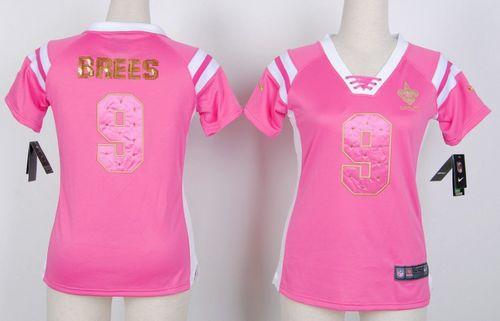 Nike Saints #9 Drew Brees Pink Women's Stitched NFL Elite Draft Him Shimmer Jersey