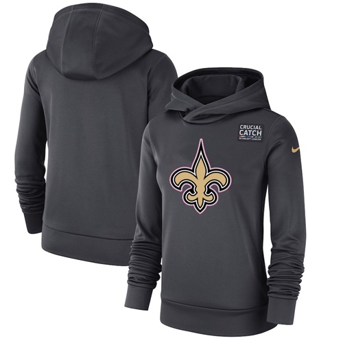 Women's New Orleans Saints Nike Anthracite Crucial Catch Performance Pullover Hoodie - Click Image to Close