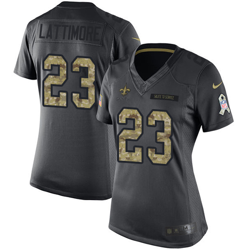 Nike Saints #23 Marshon Lattimore Black Women's Stitched NFL Limited 2016 Salute to Service Jersey - Click Image to Close