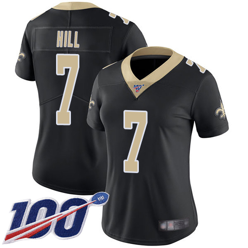 Saints #7 Taysom Hill Black Team Color Women's Stitched Football 100th Season Vapor Limited Jersey