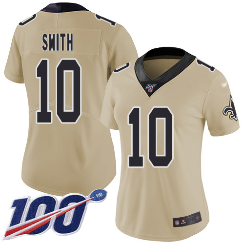 Saints #10 Tre'Quan Smith Gold Women's Stitched Football Limited Inverted Legend 100th Season Jersey - Click Image to Close