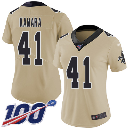 Saints #41 Alvin Kamara Gold Women's Stitched Football Limited Inverted Legend 100th Season Jersey