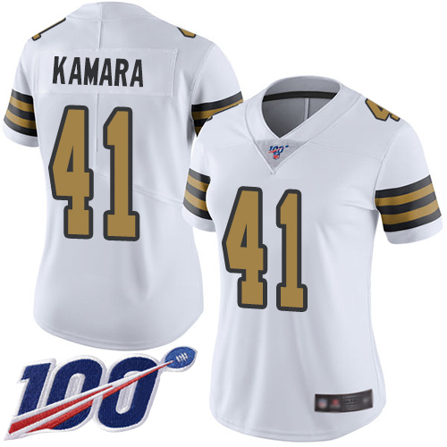 Saints #41 Alvin Kamara White Women's Stitched Football Limited Rush 100th Season Jersey