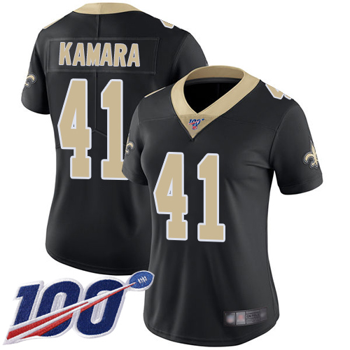 Saints #41 Alvin Kamara Black Team Color Women's Stitched Football 100th Season Vapor Limited Jersey