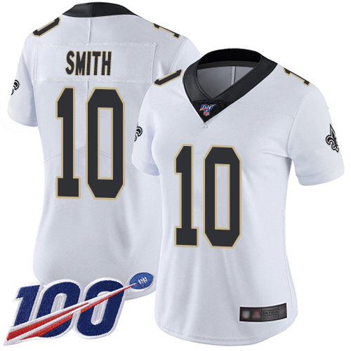 Saints #10 Tre'Quan Smith White Women's Stitched Football 100th Season Vapor Limited Jersey - Click Image to Close