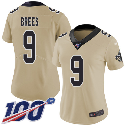 Saints #9 Drew Brees Gold Women's Stitched Football Limited Inverted Legend 100th Season Jersey - Click Image to Close