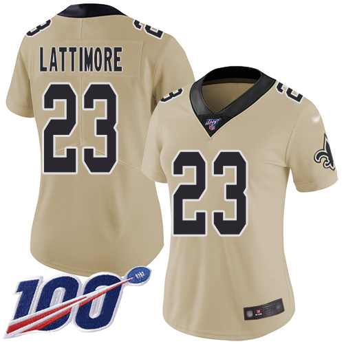 Saints #23 Marshon Lattimore Gold Women's Stitched Football Limited Inverted Legend 100th Season Jersey