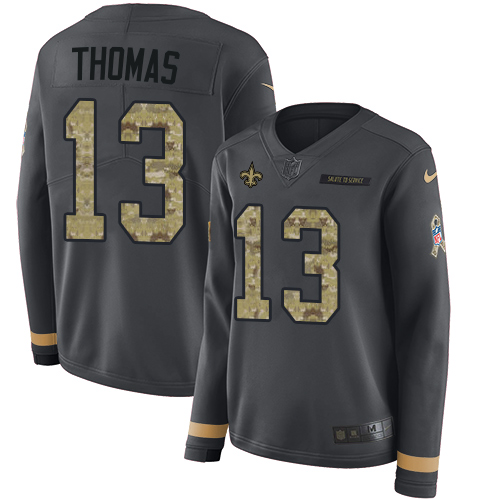 Nike Saints #13 Michael Thomas Anthracite Salute to Service Women's Stitched NFL Limited Therma Long Sleeve Jersey - Click Image to Close